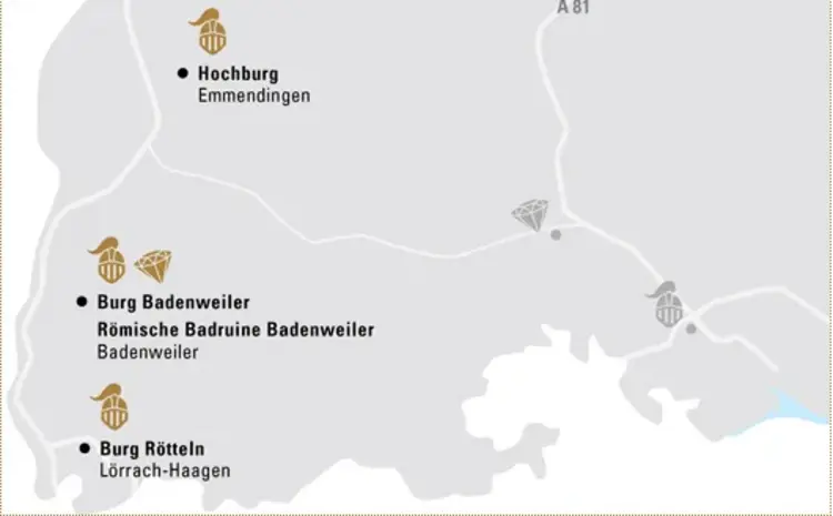 Illustration: Staatliche Schlösser und Gärten Baden-Württemberg, JUNG:Kommunikation GmbH Karte der Region "Geheimnisvolle Ruinen am Oberrhein"