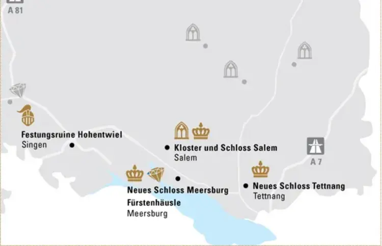 Illustration: Staatliche Schlösser und Gärten Baden-Württemberg, JUNG:Kommunikation GmbH Karte der Region "Glanzvolle Perlen am Bodensee"