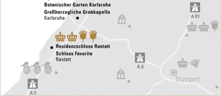 Illustration: Staatliche Schlösser und Gärten Baden-Württemberg, JUNG:Kommunikation GmbH Karte der Region "Prachtvolles rund um die Badenmetropole"